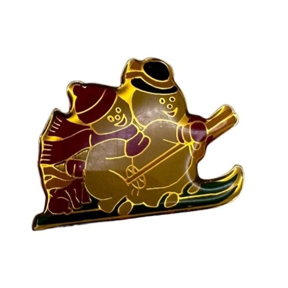 Vintage Snowman Snowwoman Puppy on Skis Skiing Pin Brooch Christmas Holiday - Picture 1 of 3